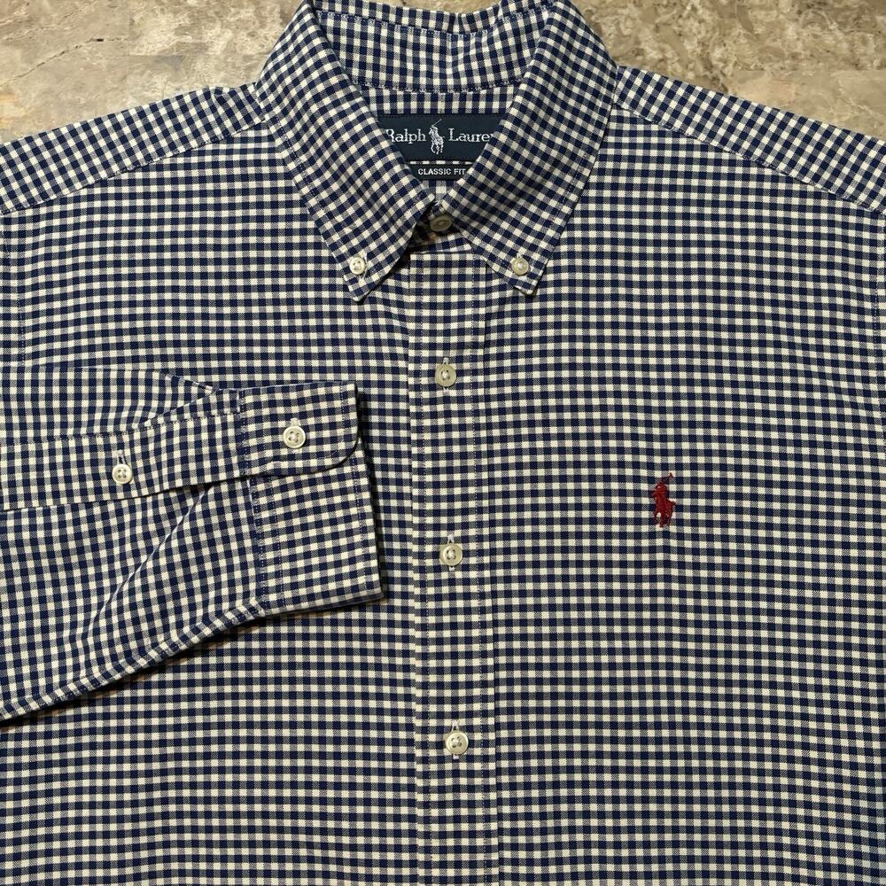 Polo Ralph Lauren Shirt Mens Medium Blue Classic Fit Gingham Oxford OCBD